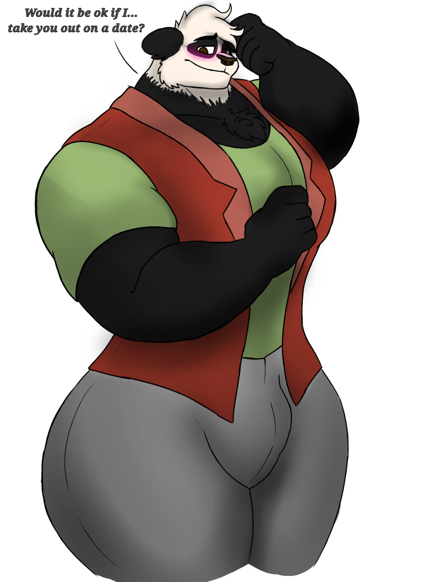 anthro bear big_butt blush bulge butt clothing diggydog ears_down embarrassed giant_panda hi_res looking_down lucas_(diggydog) male mammal muscular muscular_anthro muscular_male pecs pivoted_ears solo text thick_thighs topwear vest wide_hips