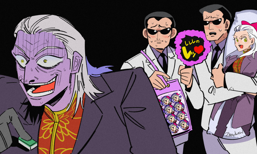 3boys absurdres akagi:_yami_ni_oritatta_tensai badge black_background black_necktie blazer button_badge closed_mouth collared_shirt commentary_request constricted_pupils dakimakura_(object) grey_hair grey_jacket grey_shirt hair_slicked_back hand_fan highres holding_mahjong_tile inudori jacket long_hair looking_at_another mahjong mahjong_tile male_focus mandarin_collar multiple_boys necktie open_mouth pillow pink_bag red_shirt shirt short_hair simple_background suit sunglasses teeth turn_pale upper_body washizu_iwao white_jacket yellow_eyes