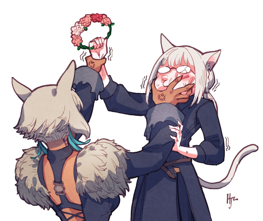 2girls 3: absurdres anger_vein animal_ears annoyed back_cutout black_dress blunt_bangs broken_eyewear cat_ears cat_girl cat_tail clothing_cutout commentary covered_eyes dress face_grab facing_away feather_hair_ornament feathers final_fantasy final_fantasy_xiv flower_wreath fur-trimmed_dress fur_trim glasses hair_ornament hand_on_another's_face highres hjz_(artemi) holding_another's_wrist holding_wreath long_sleeves miqo'te multiple_girls neck_tattoo signature simple_background standing sweat tail tan tattoo trembling upper_body warrior_of_light_(ff14) white_background white_hair y'shtola_rhul