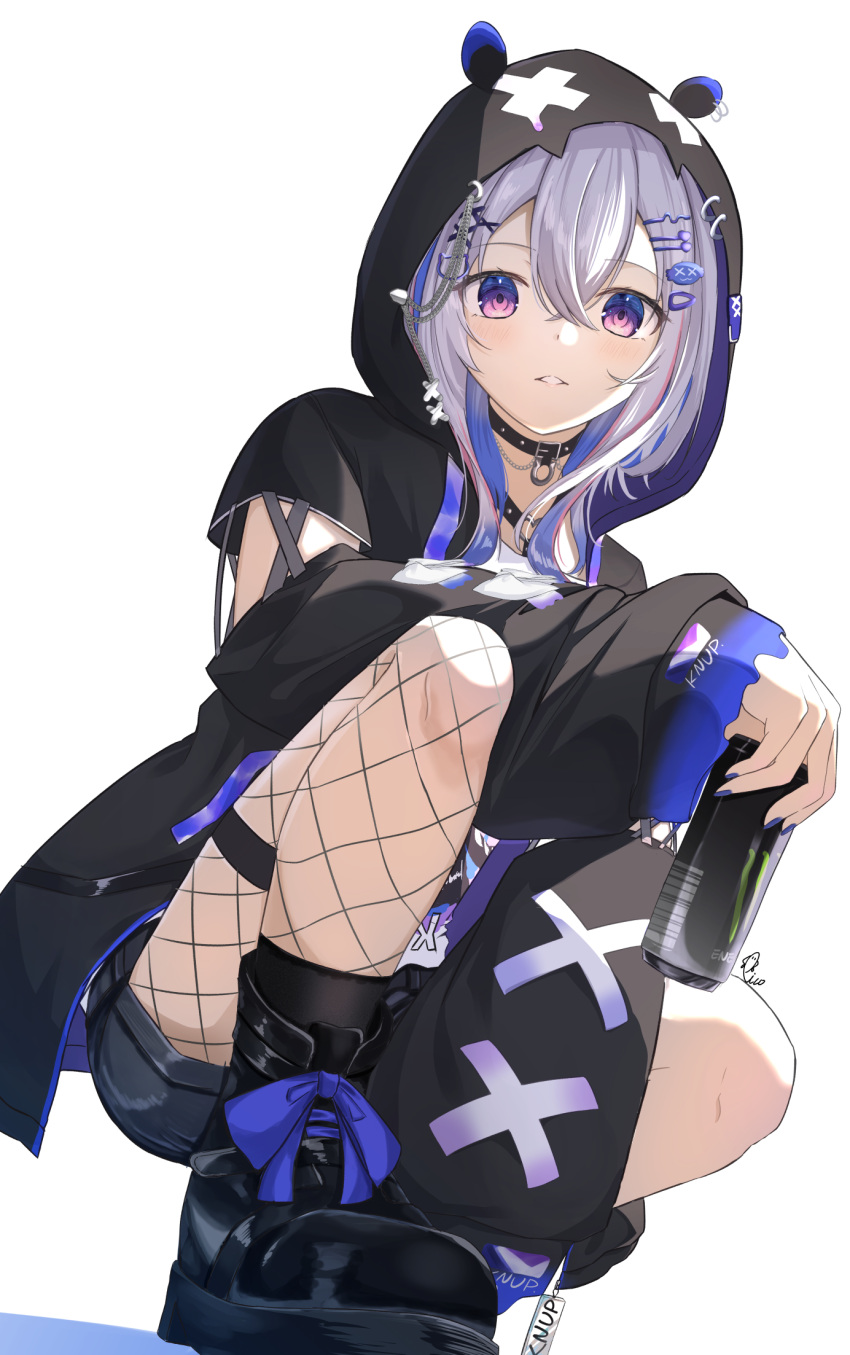 1girl amane_kanata amane_kanata_(6th_costume) blue_hair boots choker colored_inner_hair grey_hair hair_between_eyes hair_ornament hairclip highres hololive hood hood_up hoodie looking_at_viewer monster_energy multicolored_hair parted_lips piccolo_(gvgk8874) purple_eyes short_hair_with_long_locks simple_background single_fishnet_legwear sleeves_past_wrists solo squatting thigh_strap virtual_youtuber white_background