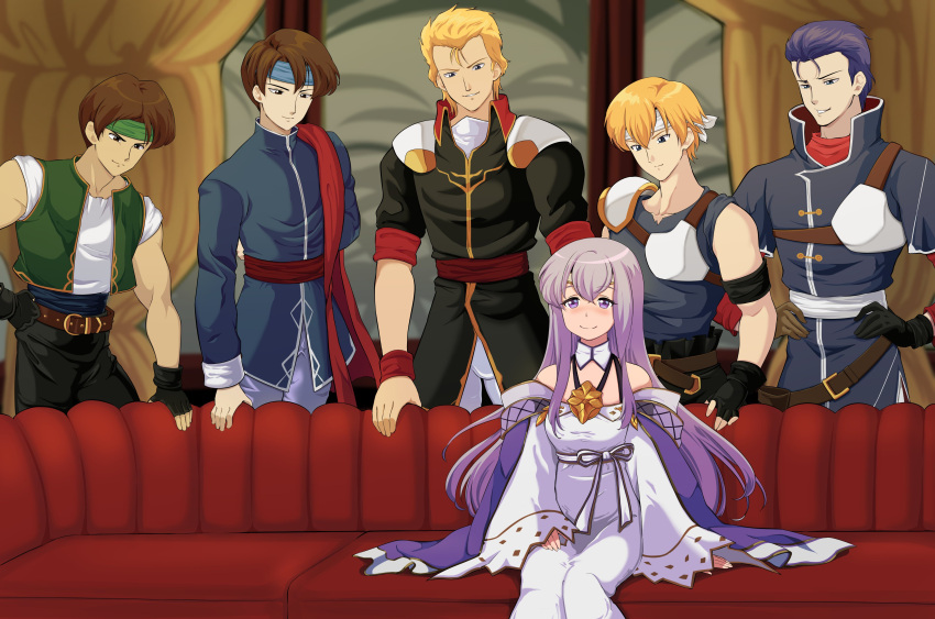 1girl 5boys absurdres blank_stare blush clueless commission commissioner_upload couch curtains diarmuid_(fire_emblem) febail_(fire_emblem) fire_emblem fire_emblem:_genealogy_of_the_holy_war fire_emblem:_thracia_776 fire_emblem_heroes highres iuchar_(fire_emblem) iucharba_(fire_emblem) julia_(fire_emblem) lester_(fire_emblem) light_purple_hair meme multiple_boys naughty_face piper_perri_surrounded_(meme) purple_eyes rs40uchiha smile window