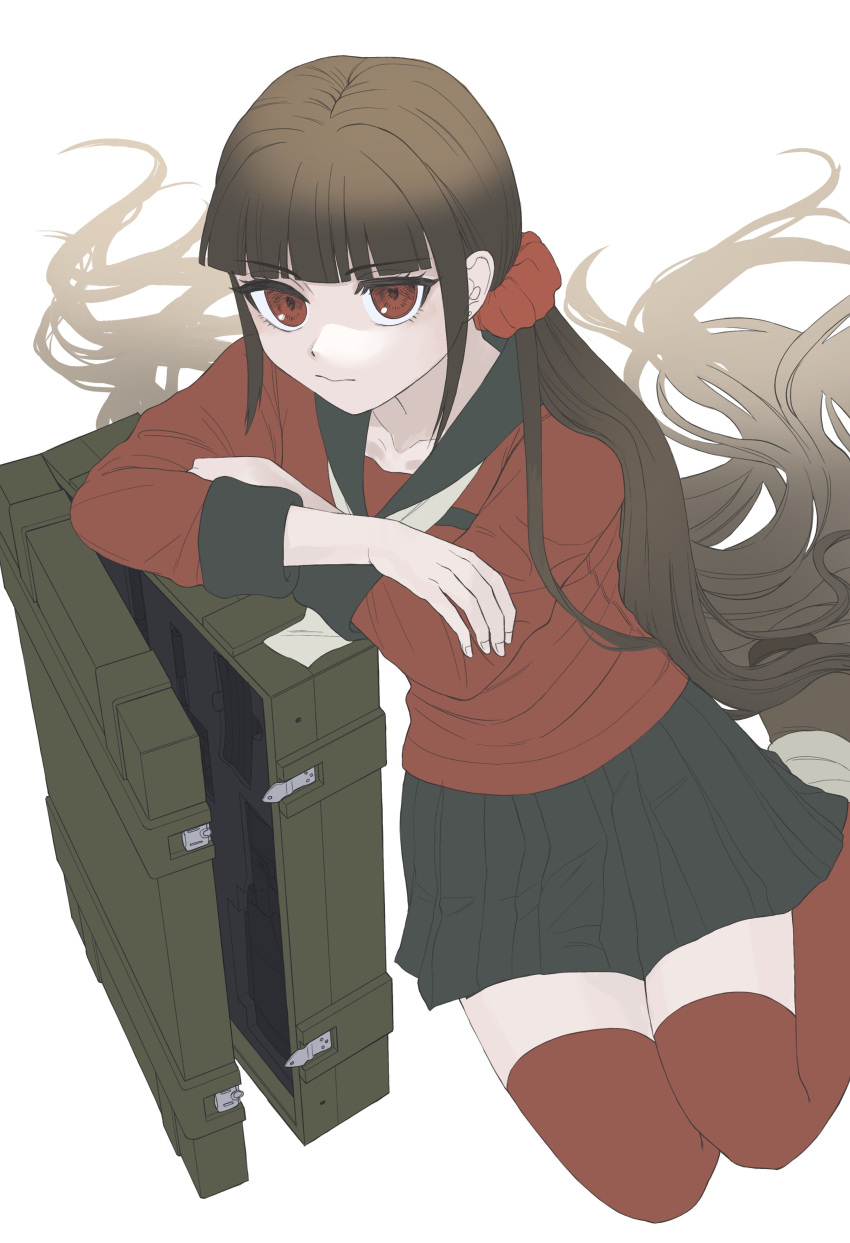 1girl absurdres black_sailor_collar black_skirt blunt_bangs brown_hair collarbone commentary_request danganronpa_(series) danganronpa_v3:_killing_harmony gun harukawa_maki highres kudo_(kddrv3) long_hair long_sleeves looking_at_viewer low_twintails mole mole_under_eye plaid plaid_skirt pleated_skirt red_eyes red_scrunchie red_thighhighs sailor_collar scrunchie sitting skirt solo suitcase thighhighs twintails unfinished very_long_hair weapon