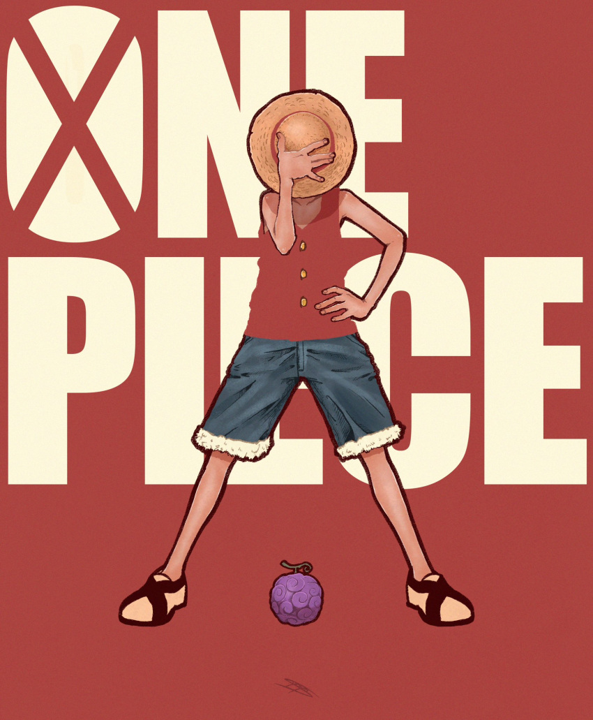 1boy blue_shorts copyright_name full_body gum-gum_fruit hand_on_own_hip hat highres monkey_d._luffy one_piece red_shirt shadow shirt shoes shorts signature sleeveless sleeveless_shirt solo standing straw_hat syooooyoooo