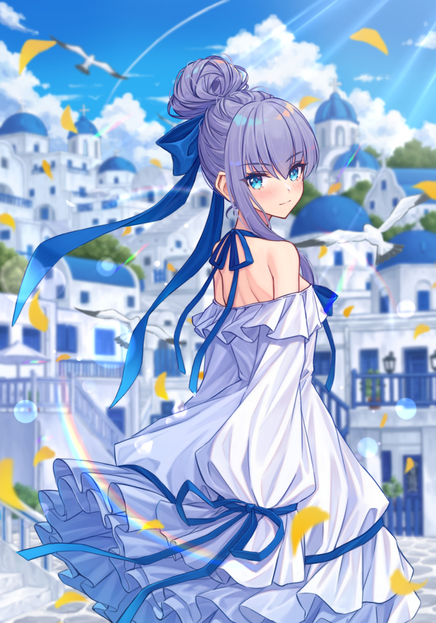 1girl bare_shoulders blue_eyes blue_ribbon blue_sky blush breasts fate/grand_order fate_(series) hair_bun hair_ribbon highres hoodier long_hair long_sleeves looking_at_viewer looking_back meltryllis_(fate) purple_hair ribbon single_hair_bun sky sleeves_past_fingers sleeves_past_wrists small_breasts solo