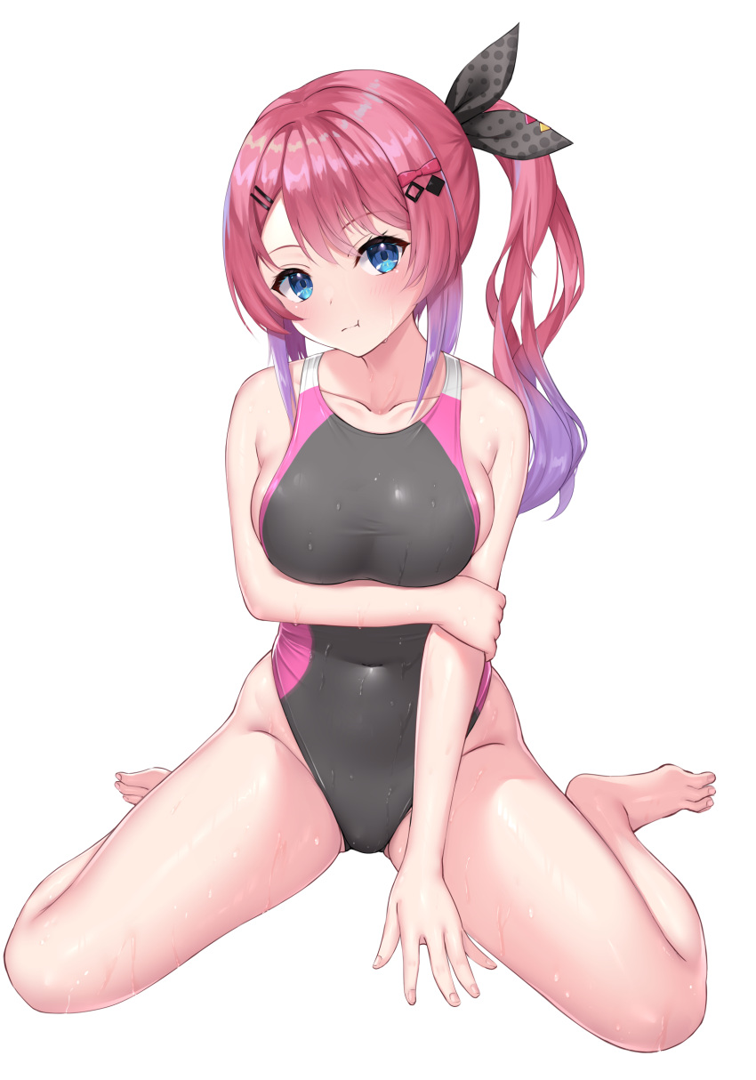 1girl absurdres barefoot black_one-piece_swimsuit blue_eyes breasts commentary_request commission competition_swimsuit full_body gradient_hair hair_ribbon highres idios kuramochi_meruto lane_line looking_at_viewer medium_breasts multicolored_clothes multicolored_hair multicolored_swimsuit ncontrail_(mgax7527) nijisanji one-piece_swimsuit pink_hair purple_hair ribbon side_ponytail simple_background sitting skeb_commission solo swimsuit virtual_youtuber wariza white_background