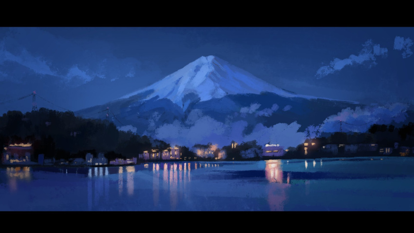 building forest highres moonlight mount_fuji mountain mountainous_horizon nature night night_sky no_humans power_lines reflection river s3_lmm scenery sky town transmission_tower water
