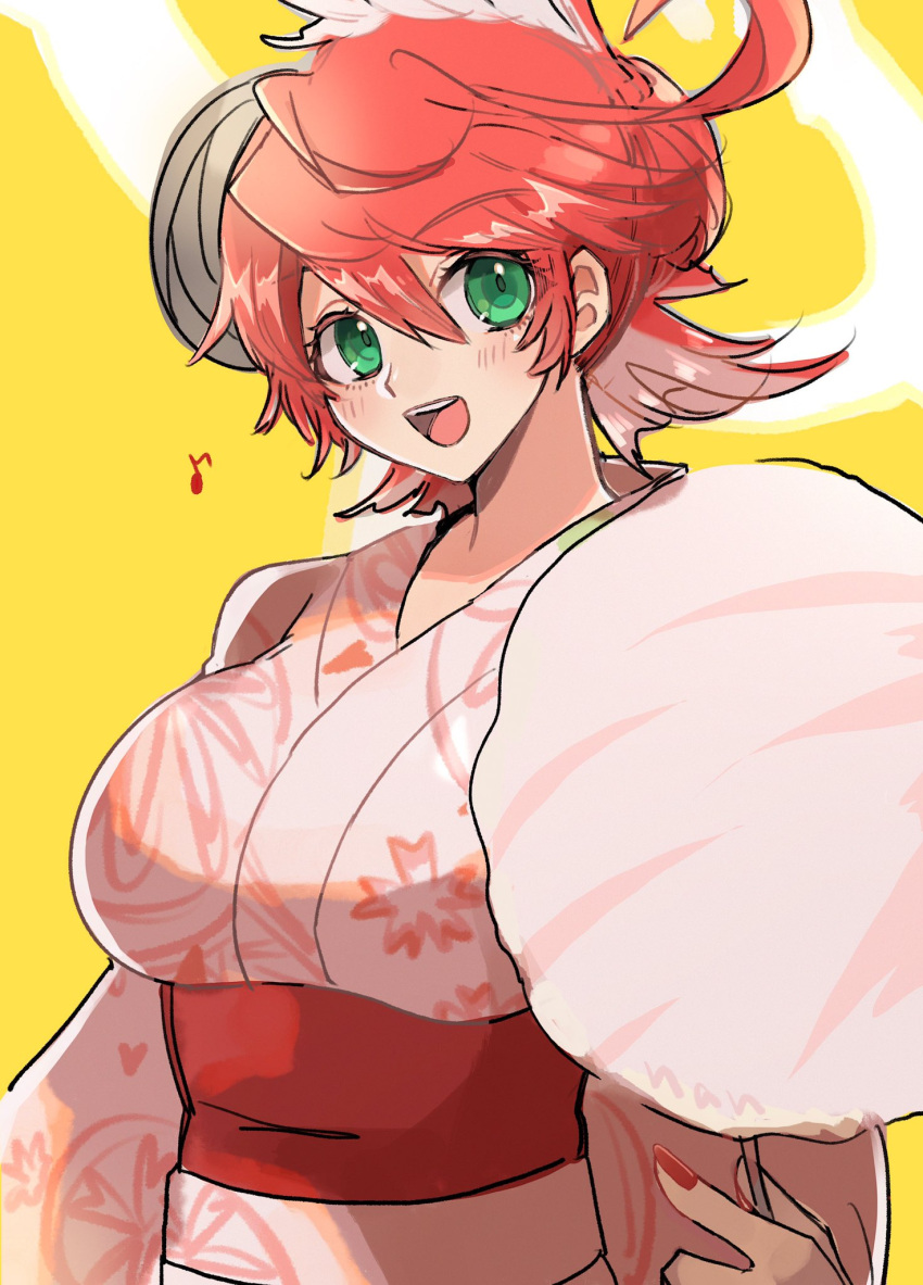 1girl breasts cheesenaanlassi colored_inner_hair compass_rose_halo cotton_candy floral_print green_eyes guilty_gear guilty_gear_strive guilty_gear_strive_x_tower_records hair_between_eyes halo highres jack-o'_valentine japanese_clothes kimono large_breasts long_hair long_sleeves looking_at_viewer mature_female messy_hair multicolored_hair nail_polish obi official_alternate_costume pink_kimono print_kimono pumpkin_mask red_hair red_nails sash smile summer_festival tower_records white_hair wide_sleeves yellow_background yukata