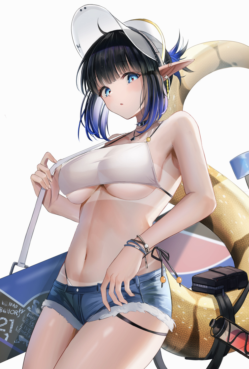 1girl absurdres arknights bag bikini bikini_tan black_hair blue_eyes blue_hair blue_shorts bracelet breasts cowboy_shot eunectes_(arknights) grey_background highres jewelry large_breasts ohagi_umeume pointy_ears short_hair short_shorts shorts shoulder_bag simple_background snake_tail solo swimsuit tail tail_pouch tail_strap tan tanlines thighs underboob white_bikini