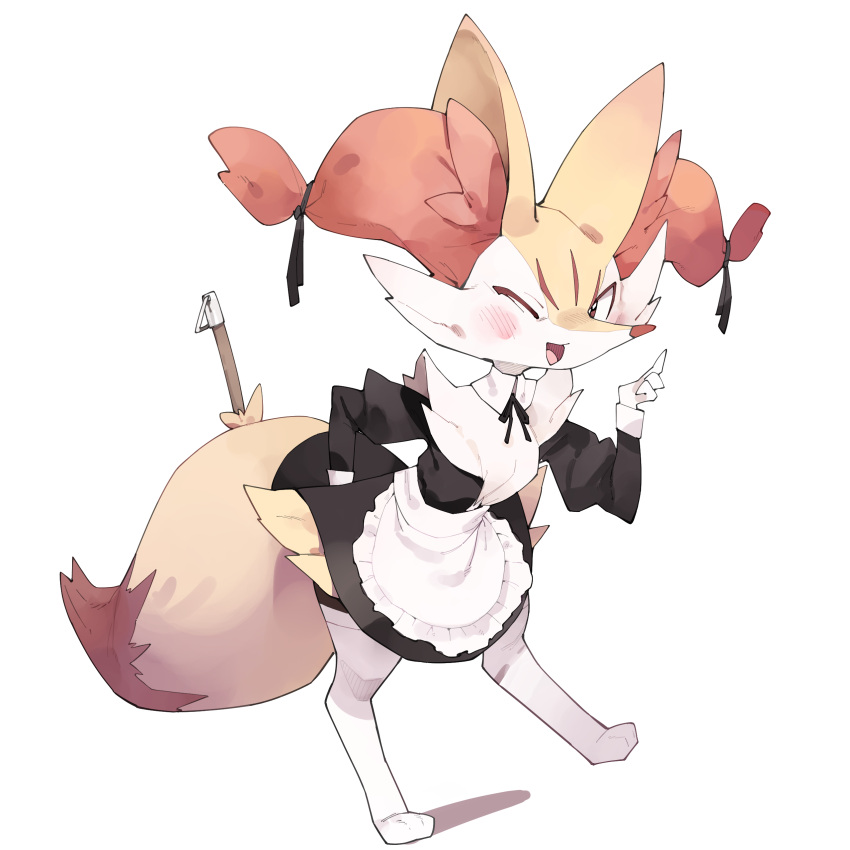 1:1 3_fingers 3_toes absurd_res anthro apron biped black_clothing black_topwear blush blush_lines braixen brown_eyes canid clothed clothing digital_media_(artwork) dipstick_tail dress facial_markings facial_tuft feet female fingers front_view fully_clothed fur generation_6_pokemon hands_behind_back head_markings hi_res hindpaw hip_tuft inner_ear_fluff legwear looking_at_viewer maid_apron maid_uniform mammal markings multicolored_body multicolored_fur nintendo one_eye_closed open_mouth open_smile paws pokemon pokemon_(species) red_eyes red_inner_ear_fluff red_markings red_nose shaded simple_background smile snout solo standing stick stick_in_tail tail tail_markings thigh_highs toes tongue topwear tuft uniform white_apron white_background white_body white_clothing white_fur white_legwear wink yellow_body yellow_fur youjomodoki