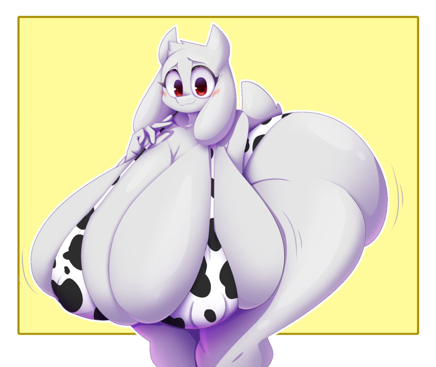 anthro big_breasts big_butt blush breasts butt clothing digital_media_(artwork) female female/female fur hi_res horn huge_breasts huge_butt looking_at_viewer mammal mature_female nipples simple_background smile solo tail thiccbuns toriel undertale undertale_(series) white_body white_fur