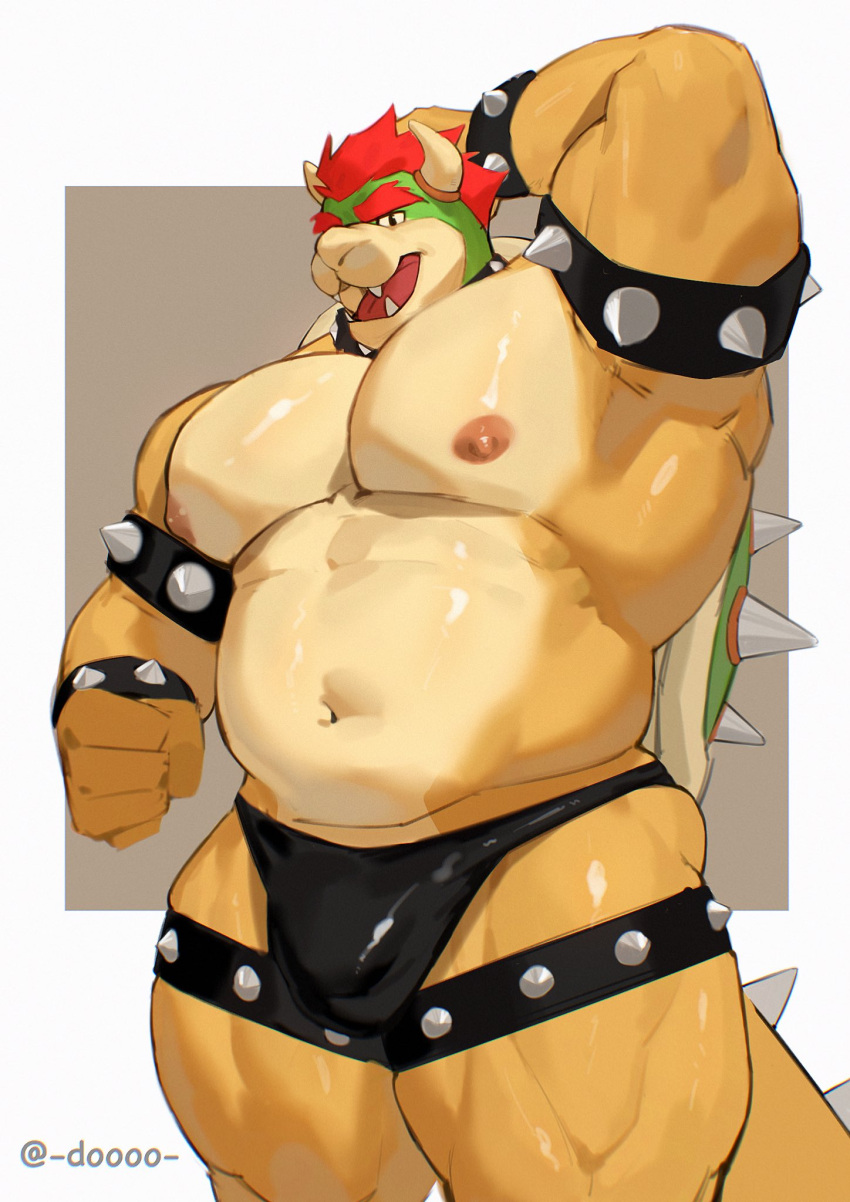 2023 anthro armband barazoku belly biceps big_bulge big_muscles border bowser bracelet bulge clothed clothing collar doooo2424 eyebrows grey_background hair hand_behind_head hi_res horn huge_muscles huge_thighs jewelry kemono koopa legband looking_at_viewer male mario_bros musclegut muscular muscular_anthro muscular_male navel nintendo nipples non-mammal_nipples obliques open_mouth open_smile pecs quads scalie serratus shell simple_background smile solo spiked_armband spiked_bracelet spiked_collar spiked_legband spiked_shell spiked_tail spikes spikes_(anatomy) standing tail teeth text thick_thighs thong thong_only tongue topless topless_anthro topless_male underwear underwear_only url white_border