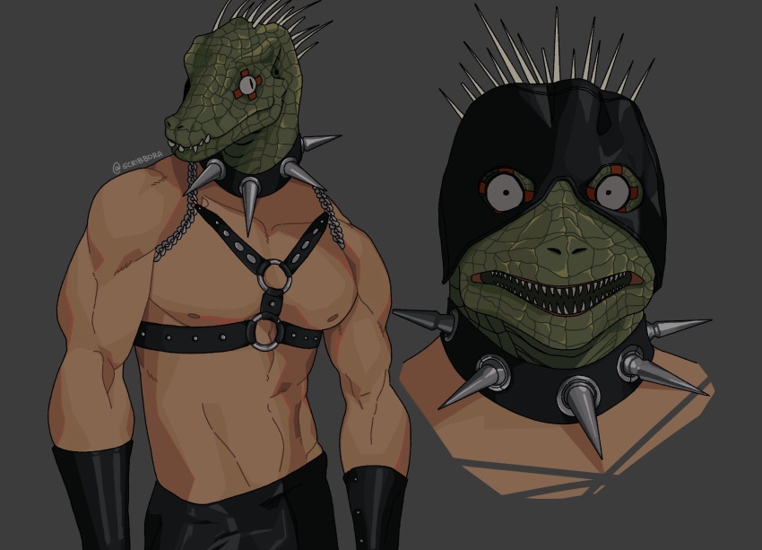 1boy abs bdsm bondage_outfit caiman_(dorohedoro) collar colored_skin cosplay dorohedoro gachimuchi green_skin grey_background highres leather leather_pants leatherclub_scene_(meme) lizardman looking_at_viewer male_focus meme muscular muscular_male nipples pants pectorals scribbora spiked_collar spikes van_darkholme van_darkholme_(cosplay)