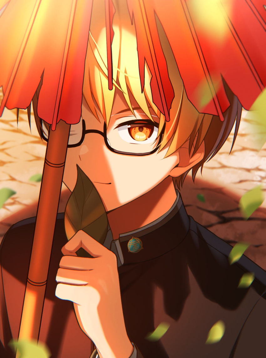 1boy bespectacled_third_eye closed_mouth commentary gakuran glasses hand_up highres holding holding_leaf ichigo_ichie_na_hyakki_yagyou!?_(project_sekai) leaf looking_at_viewer male_focus official_alternate_costume official_alternate_hairstyle one_eye_covered orange_eyes orange_hair project_sekai red_umbrella school_uniform short_hair solo teeth teneko02 tenma_tsukasa torn_umbrella umbrella upper_teeth_only