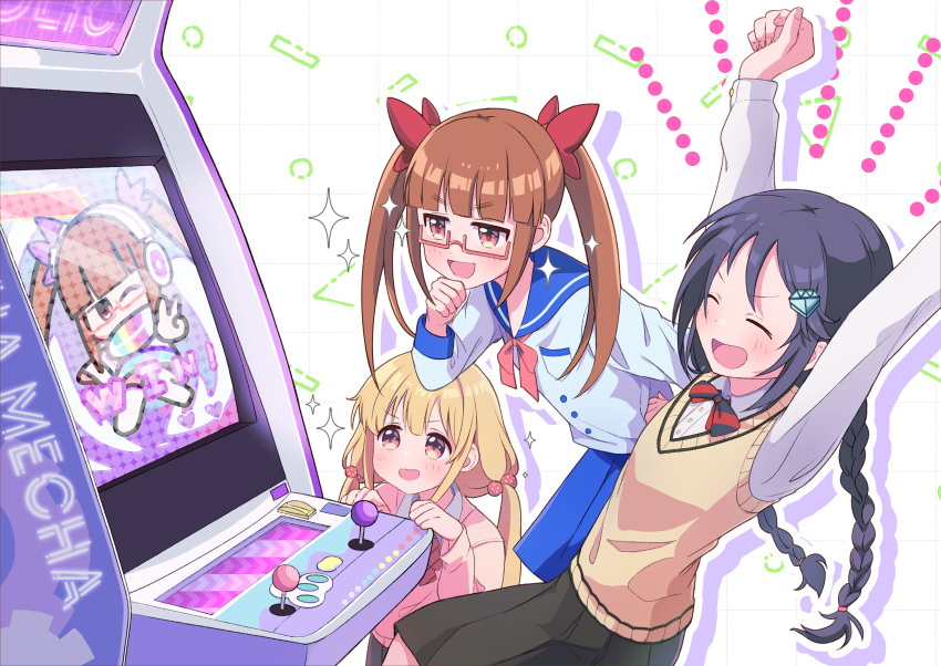 3girls :d absurdres arcade_cabinet arms_up black_hair black_skirt blonde_hair blue_sailor_collar bow bowtie braid brown_eyes brown_hair chibi clenched_hand closed_eyes diamond_hair_ornament futaba_anzu hair_bobbles hair_ornament highres idolmaster idolmaster_cinderella_girls ikebukuro_akiha imakooo5 leaning_forward long_hair long_sleeves miyoshi_sana multiple_girls red_bow sailor_collar school_uniform semi-rimless_eyewear sitting skirt smile sparkle standing striped striped_bow striped_bowtie sweater_vest twin_braids twintails video_game white_background yellow_sweater_vest