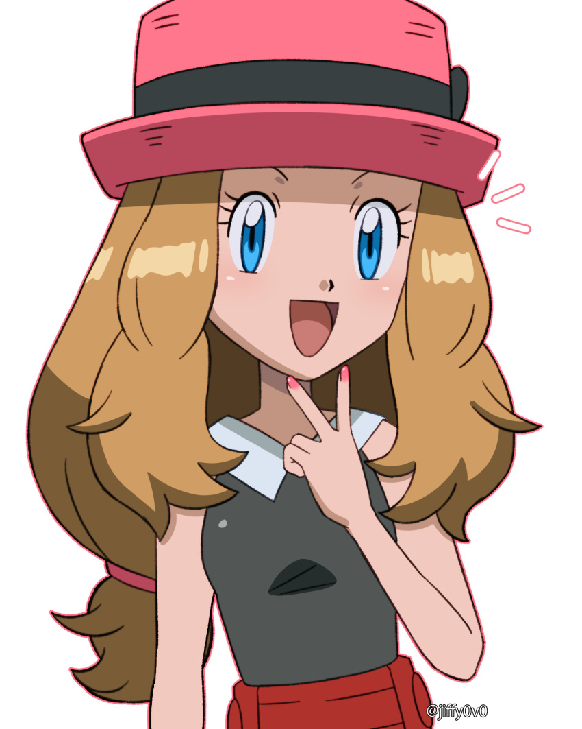 1girl :d blonde_hair blue_eyes collared_shirt commentary eyelashes grey_shirt hand_up happy hat highres jiffy0v0 long_hair nail_polish notice_lines open_mouth pink_headwear pink_nails pokemon pokemon_(anime) pokemon_xy_(anime) red_skirt serena_(pokemon) shirt simple_background skirt sleeveless sleeveless_shirt smile solo tongue v white_background