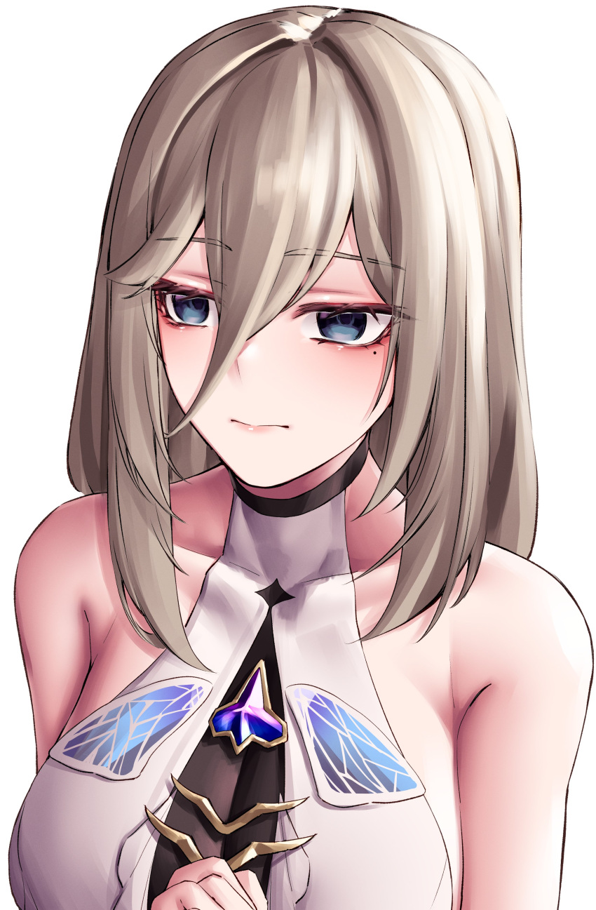 1girl absurdres aponia_(honkai_impact) bare_shoulders blue_eyes blush breasts brown_hair cleavage collarbone commentary_request covered_collarbone hair_between_eyes hand_up highres honkai_(series) honkai_impact_3rd large_breasts long_hair mole mole_under_eye pyeong-il_pyeongil see-through see-through_cleavage shirt simple_background sleeveless sleeveless_shirt solo upper_body white_background white_shirt