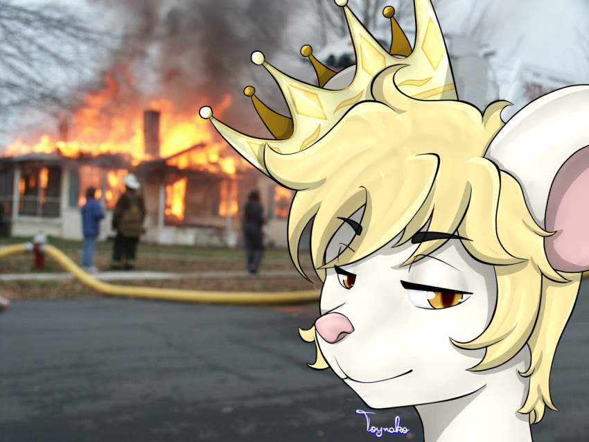 anthro arson crown fin_la_fleur fire firefighter headgear male mammal meme photo_background photography_(artwork) rodent solo toynako