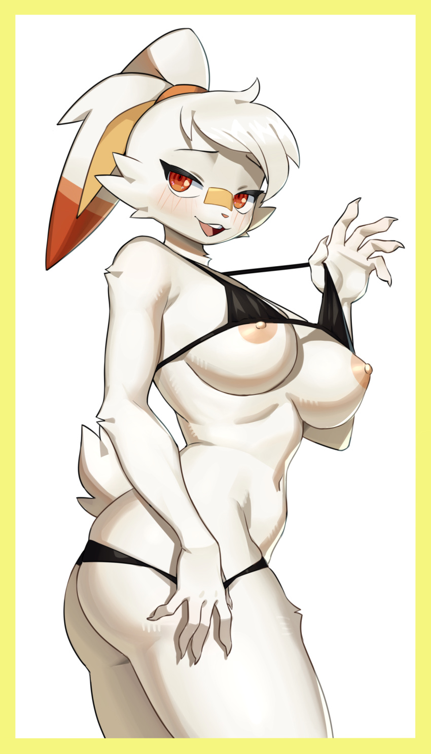 2023 4:7 5_fingers absurd_res anthro areola big_breasts bikini blush border breasts buckteeth butt claws clothed clothing clothing_lift digital_media_(artwork) female female_anthro finger_claws fingers floppy_ears flowerpigeon73 fur generation_8_pokemon hair hi_res kemono lagomorph looking_at_viewer mammal nintendo nipples open_mouth pokemon pokemon_(species) scorbunny scut_tail short_tail solo swimwear tail teeth thick_thighs tongue white_body white_fur white_hair yellow_border