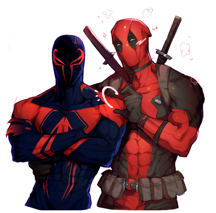 2boys abs absurdres anger_vein arm_around_waist belt belt_pouch black_bodysuit black_gloves blue_bodysuit blush bodysuit commentary crossed_arms deadpool gloves heart_hands_failure highres jv0202021 male_focus marvel mask multiple_boys muscular muscular_male pouch red_bodysuit red_mask simple_background skin_tight spider-man:_across_the_spider-verse spider-man_(2099) spider-man_(series) superhero sword sword_on_back symbol-only_commentary two-tone_bodysuit upper_body weapon weapon_on_back white_background