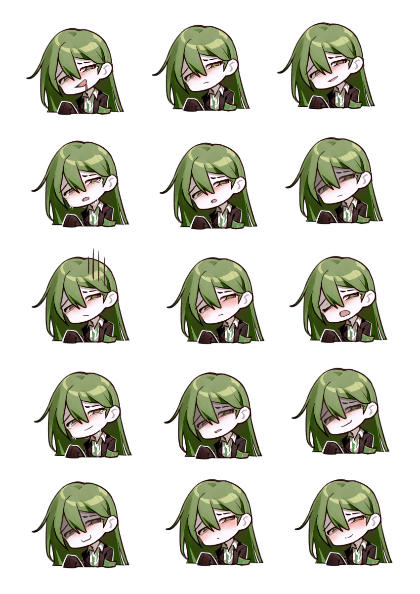 1boy :3 absurdres armband as-zero black_jacket blush closed_mouth collared_shirt drooling drunk expressions gloom_(expression) green_armband green_hair hair_between_eyes highres jacket lobotomy_corporation long_hair long_sleeves looking_at_viewer male_focus multiple_views netzach_(project_moon) one_eye_closed parted_lips project_moon shaded_face shirt simple_background smile very_long_hair white_background white_shirt yellow_eyes