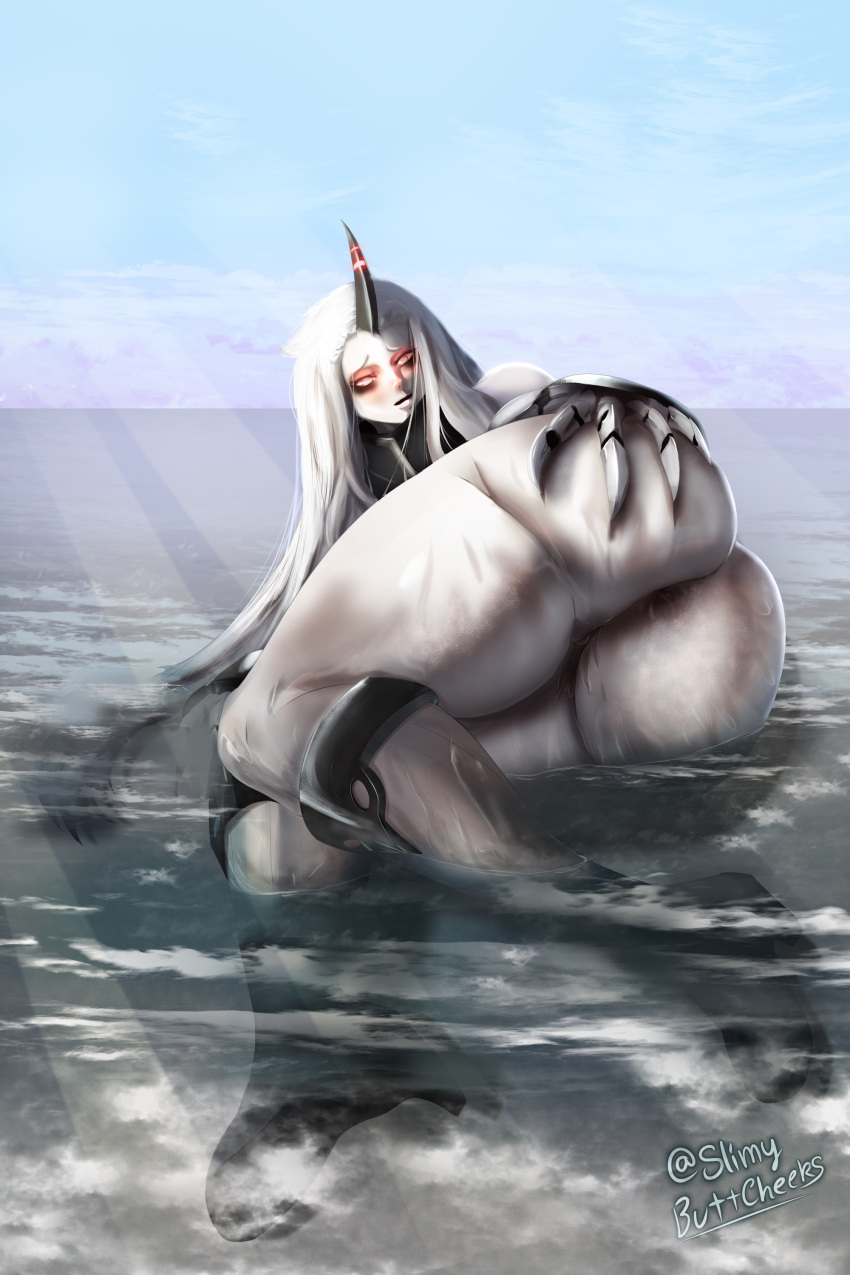 2:3 absurd_res anus big_butt black_horn blush butt butt_grab eyelashes female genitals hair hand_on_butt harbour_princess hi_res horn horned_humanoid huge_butt humanoid kantai_collection long_hair looking_at_viewer lying nude on_side pussy red_eyes sea shinkaisei-kan slimybuttcheeks solo spread_butt spreading striped_horn stripes thick_thighs water white_body white_hair white_skin wide_hips
