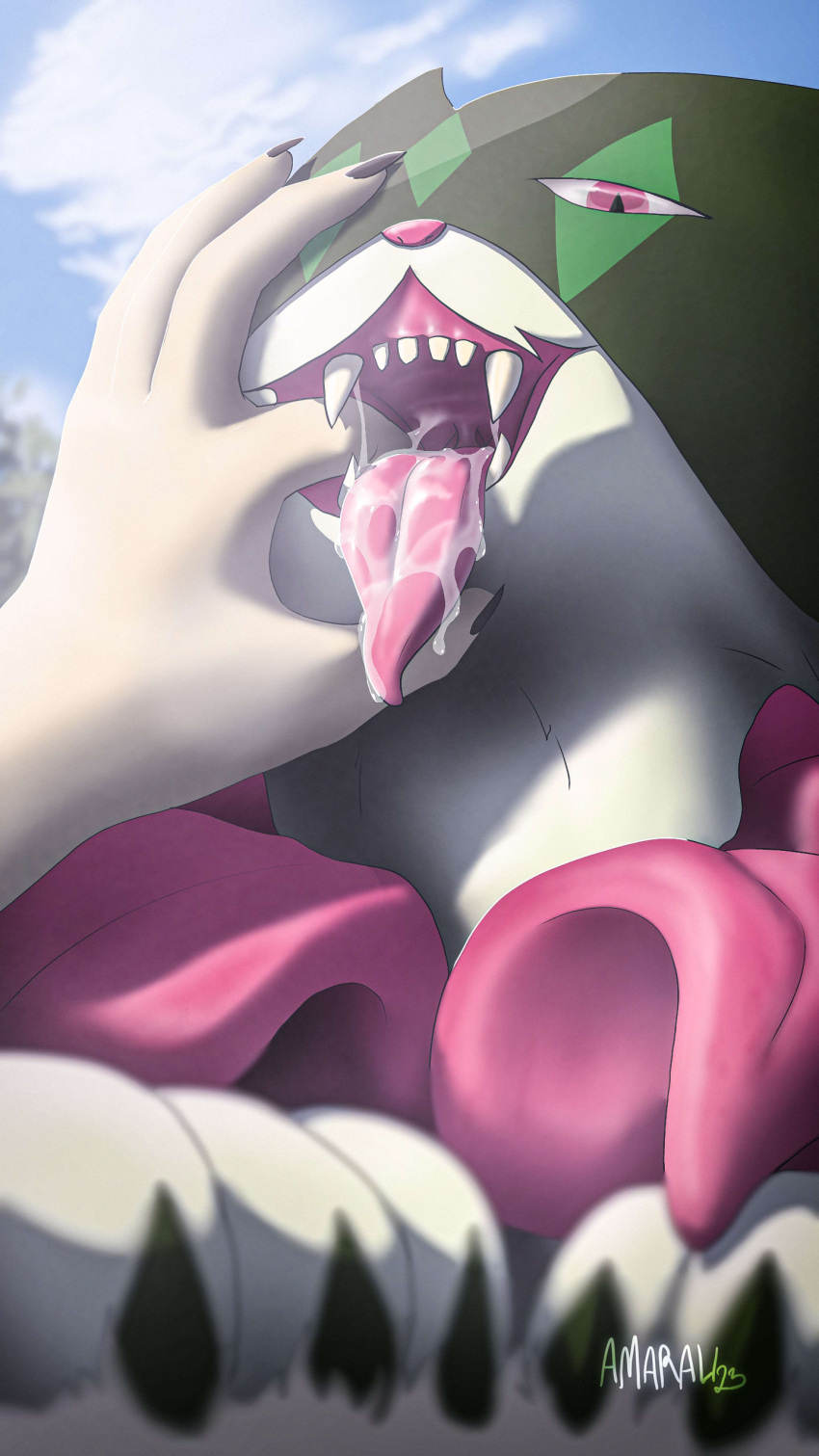 absurd_res amarali_(artist) ambiguous/ambiguous ambiguous_gender anthro bodily_fluids duo finger_in_mouth first_person_view generation_9_pokemon hi_res looking_at_viewer mawplay meowscarada nintendo pokemon pokemon_(species) saliva sky tongue tongue_out