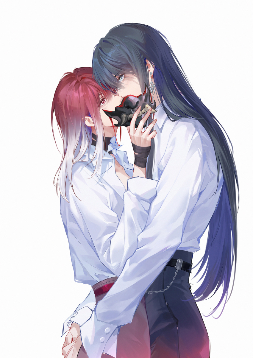 2girls absurdres belt black_hair blue_hair chain character_request choker collared_shirt colored_inner_hair earrings face-to-face flower from_side gradient_hair hair_over_eyes hand_up highres holding holding_mask hug imminent_kiss jewelry lccdi long_hair long_sleeves looking_at_another mask multicolored_hair multiple_girls path_to_nowhere profile purple_hair red_hair shirt sidelocks simple_background thighhighs two-tone_hair unworn_mask white_background white_flower white_hair white_shirt wrist_wrap yuri