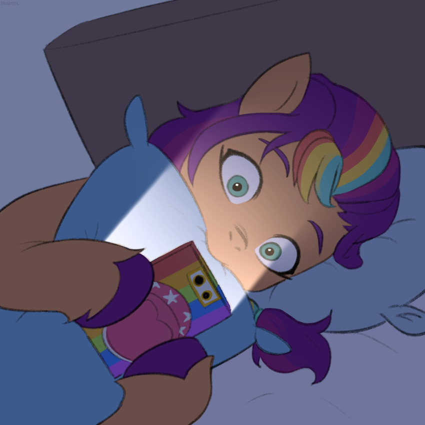 bed bite cellphone earth_pony equid equine furniture green_eyes hair hasbro hi_res hooves horse mammal marenlicious meme mlp_g5 multicolored_hair my_little_pony on_bed phone pillow pillow_bite pony purple_hair rainbow_hair smartphone sunny_starscout_(mlp)