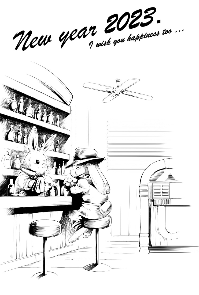 alchohol anthro bartender chinese_zodiac duo hi_res holidays jukebox lagomorph leporid male mammal monochrome new_year rabbit year_of_the_rabbit yoshitaka_tamaki