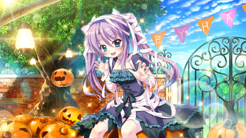 1girl bandages black_bow black_cat blue_dress blue_eyes blue_nails blue_skirt blue_sky bow breasts brick_wall cat cloud corset day dot_nose dress film_grain frilled_dress frilled_skirt frills game_cg gate halloween halloween_costume izumi_tsubasu jack-o'-lantern lantern lens_flare medium_breasts mummy_costume non-web_source official_art open_mouth purple_hair rainbow re:stage! sitting sitting_on_object skirt sky smile solo sparkle string_of_flags teeth tree tsukisaka_sayu twintails upper_teeth_only