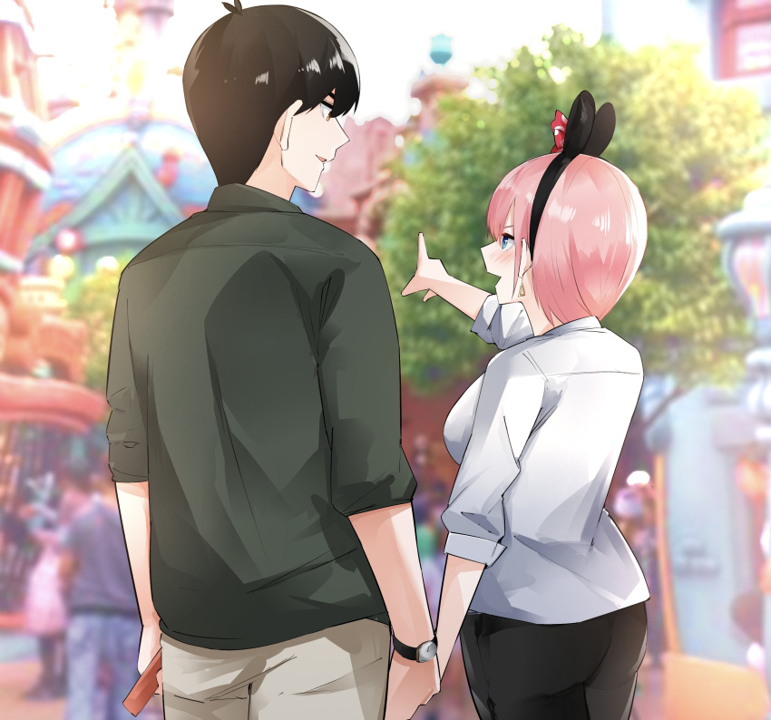 1boy 1girl absurdres animal_ears antenna_hair black_hair black_hairband blue_eyes blurry blurry_background blush breasts commentary_request commission couple cowboy_shot disneyland earrings fake_animal_ears from_behind go-toubun_no_hanayome green_shirt hair_between_eyes hairband hand_up hetero highres holding_hands jewelry large_breasts long_sleeves looking_afar looking_at_another mame1645 mouse_ears nakano_ichika open_mouth orange_eyes parted_lips photo_background pink_hair pointing pointing_forward profile shirt short_hair skeb_commission smile standing straight_hair uesugi_fuutarou watch white_shirt wristwatch