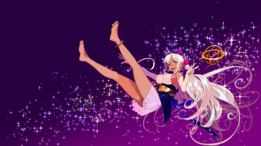 1girl :d anklet bare_legs barefoot black_panties blue_bow blue_skirt bow breasts dark-skinned_female dark_skin elbow_gloves fang floating full_body gloves gradient_background hair_ornament hand_up highres hololive hololive_english jewelry kaniko_(tsukumo_sana) large_breasts legs legs_up light_brown_hair limiter_(tsukumo_sana) long_hair long_legs looking_at_viewer official_art open_mouth outstretched_arm overskirt pako_(pakosun) panties pantyshot planet_hair_ornament pleated_skirt purple_background see-through see-through_skirt sideboob sidelocks skirt smile soles solo sparkle starry_sky_print teeth toes tsukumo_sana twintails underwear upper_teeth_only v very_long_hair virtual_youtuber white_gloves white_hair white_skirt yatagarasu_(tsukumo_sana) yellow_eyes