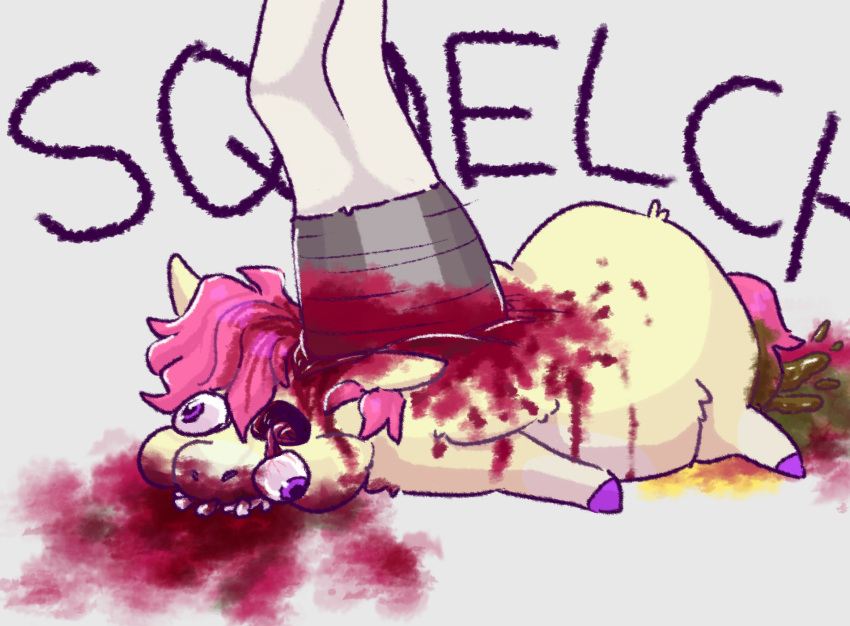 alpama ambiguous_gender blood bodily_fluids corpse death duo equid equine feces feral fluffy_pony fluffy_pony_(species) fur genital_fluids gore hair hi_res horse mammal mostly_offscreen_character pink_hair pooping simple_background urine violence white_background yellow_body yellow_fur