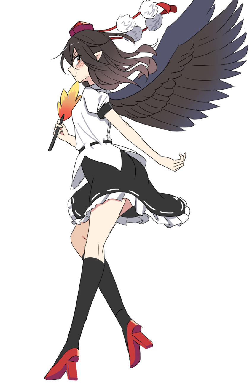 1girl bird_wings black_hair black_skirt black_socks black_wings blush closed_mouth e.o. feathered_wings full_body geta hand_fan hat hauchiwa highres holding holding_fan kneehighs pom_pom_(clothes) profile red_eyes red_footwear red_headwear shameimaru_aya shirt short_hair short_sleeves simple_background skirt smile socks solo tengu-geta tokin_hat touhou white_background white_shirt wings