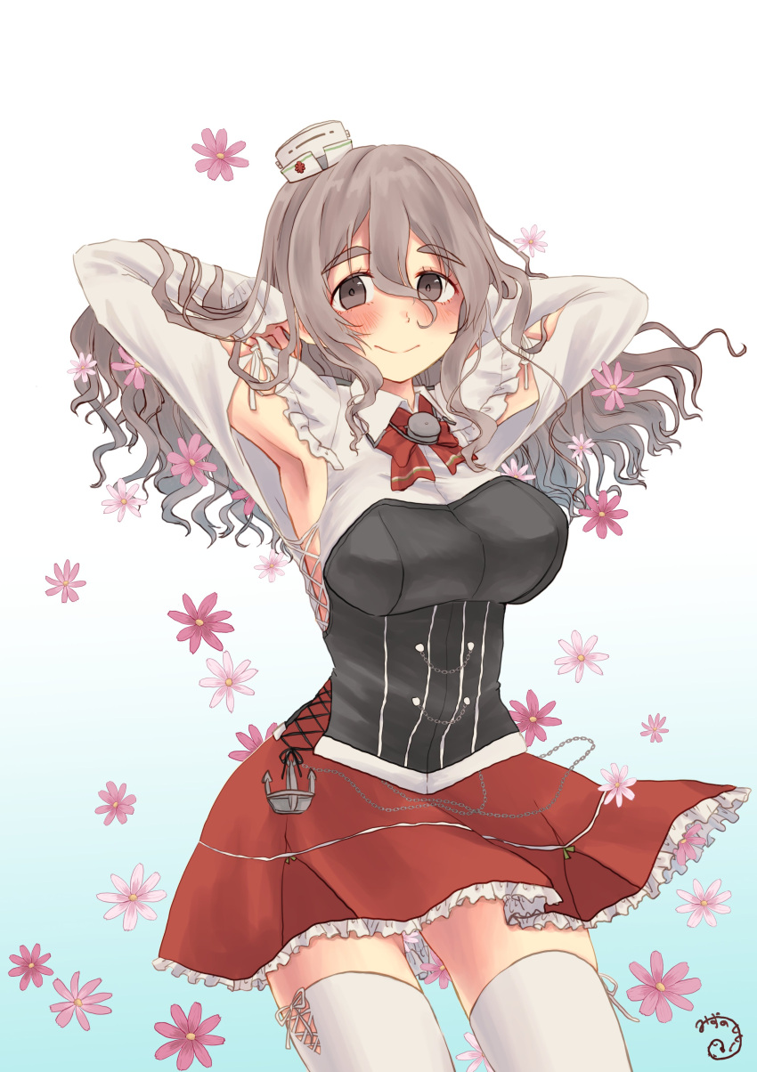 1girl absurdres armpit_cutout armpits blush breasts clothing_cutout flower frilled_skirt frills gradient_background grey_eyes grey_hair hands_in_hair hat highres kantai_collection large_breasts long_hair long_sleeves looking_at_viewer mini_hat mizunototori pink_flower pola_(kancolle) red_skirt signature simple_background skirt smile solo thighhighs wavy_hair white_thighhighs