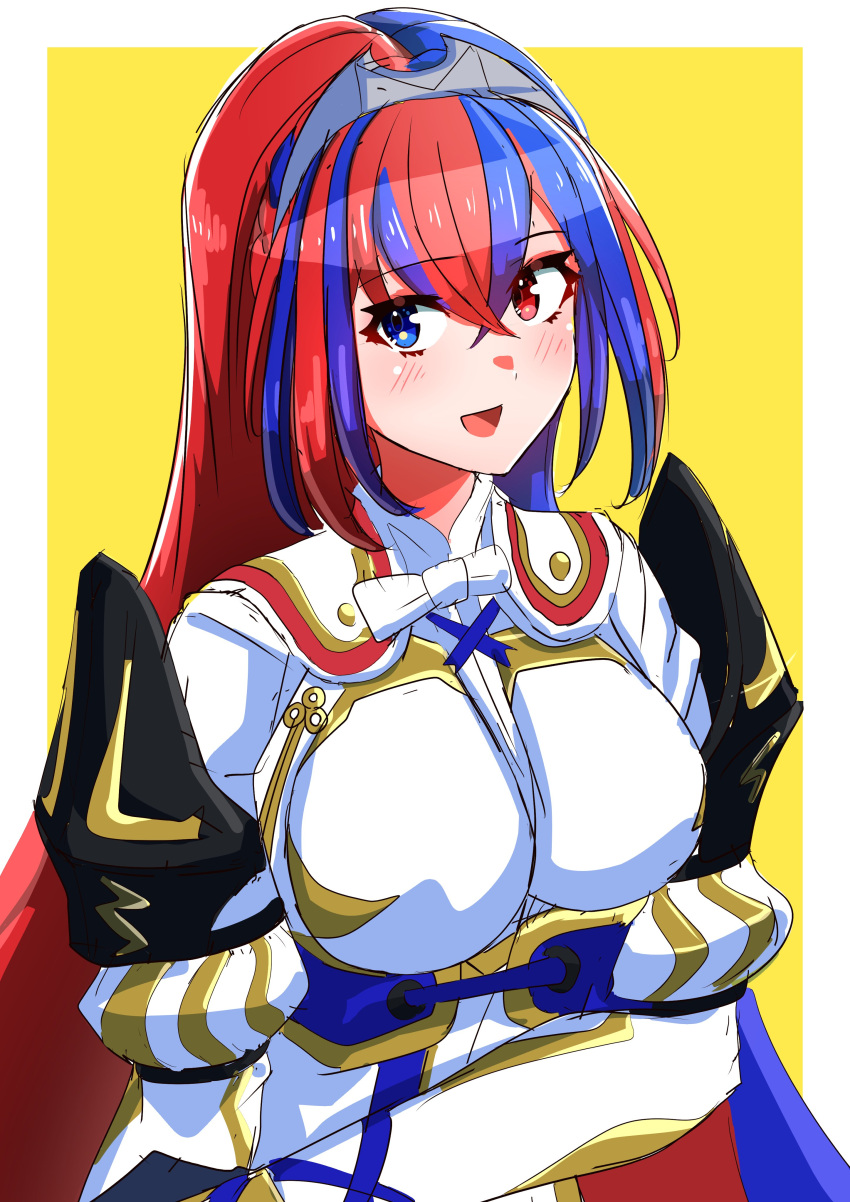 1girl absurdres alear_(female)_(fire_emblem) alear_(fire_emblem) blue_eyes blue_hair crossed_bangs fire_emblem fire_emblem_engage hair_between_eyes heterochromia highres long_hair multicolored_hair open_mouth red_eyes red_hair ribbon smile solo split-color_hair tiara to_(tototo_tk) two-tone_hair very_long_hair white_ribbon