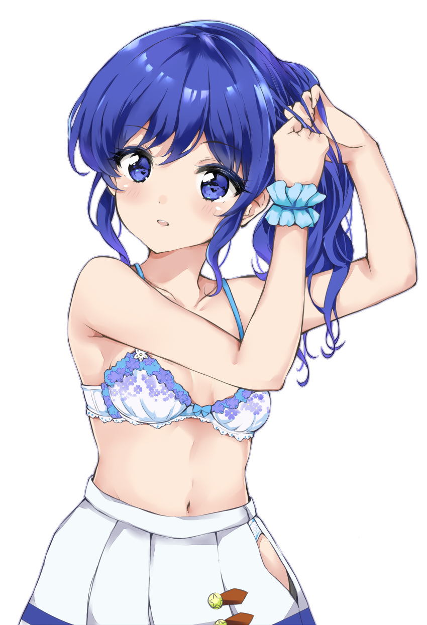 1girl absurdres adjusting_hair aikatsu! aikatsu!_(series) arms_up bare_arms bare_shoulders blue_bow blue_eyes blue_hair bow bow_bra bra breasts collarbone cowboy_shot expressionless eyelashes floral_print hair_between_eyes hand_in_own_hair highres kawahara_natsuki kiriya_aoi lace-trimmed_bra lace_trim light_blush long_hair multicolored_clothes navel no_shirt open_mouth pleated_skirt side_ponytail sidelocks skirt small_breasts solo swept_bangs teeth underwear upper_teeth_only wavy_hair white_background white_bra white_skirt wristband