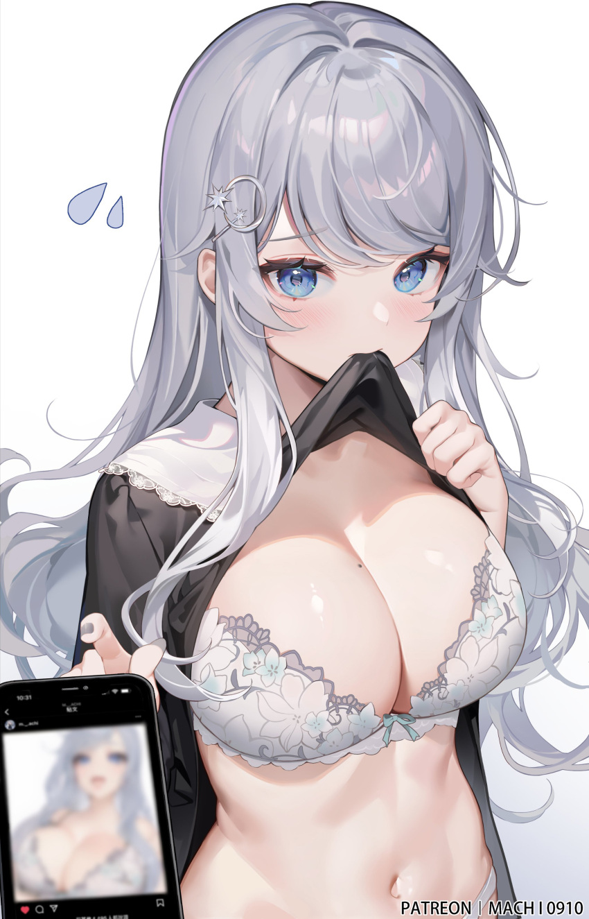 1girl absurdres black_dress blue_eyes blurry bra breasts cellphone cleavage clothes_lift commentary cropped depth_of_field dress dress_lift english_commentary frown grey_hair hair_ornament hairclip highres large_breasts lifted_by_self lingerie long_hair looking_at_viewer machi_(7769) mole mole_on_breast mouth_hold nail_polish navel original phone sidelocks smartphone solo stomach underwear very_long_hair white_bra