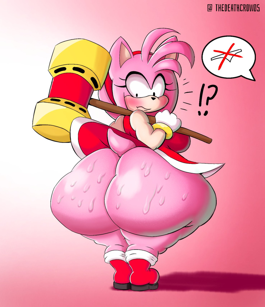 amy_rose anthro big_breasts big_butt blush bodily_fluids boots bottomless breasts butt clothed clothing dot_eyes dress eulipotyphlan exclamation_point female footwear gloves hair hammer handwear hedgehog hi_res holding_hammer holding_object holding_tool huge_butt huge_hips huge_thighs looking_back mammal multicolored_body pink_hair question_mark sega solo sonic_the_hedgehog_(series) speech_bubble sweat sweaty_butt thedeathcrow05 thick_thighs tools two_tone_body wide_hips