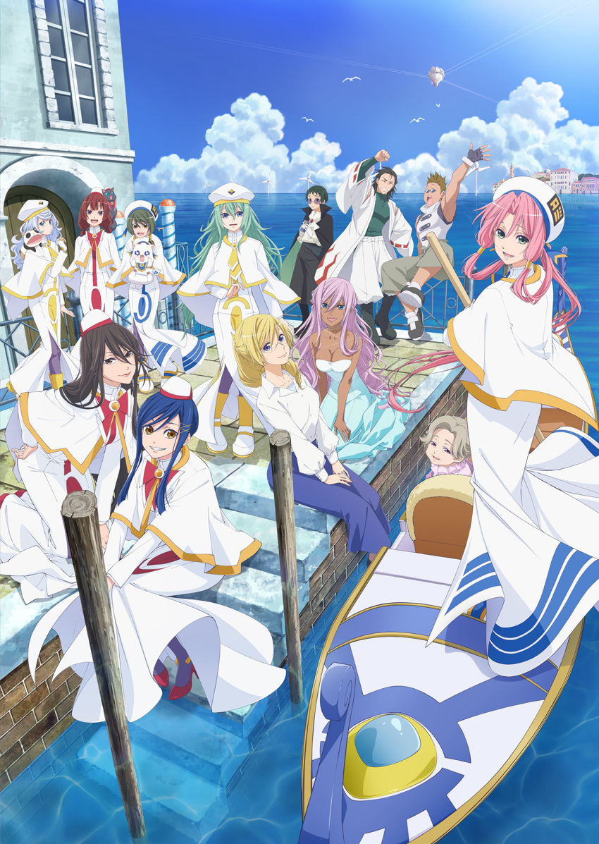 3boys 6+girls ai_(aria) aika_granzchesta akira_ferrari albert_pitt alice_carroll alicia_florence ametsuchi_akino animal anya_dostoyevskaya aqua_dress aria aria_company_uniform aria_pokoteng athena_glory azusa_mclaren beret bird black_cape blonde_hair blue_bow blue_bowtie blue_eyes blue_hair blue_skirt bow bowtie brown_eyes brown_hair cape capelet cat cloud cloudy_sky collarbone dark-skinned_female dark_skin day dress full_body glasses gold_trim gondola green_eyes green_hair hair_between_eyes hat highres hime_granzchesta himeya_company_uniform holding holding_animal izumo_akatsuki kneeling long_hair looking_at_viewer medium_hair mizunashi_akari multiple_boys multiple_girls ocean official_art on_ground open_mouth orange_planet_uniform outdoors parted_bangs president_maa print_dress purple_hair red_bow red_bowtie red_hair seagull short_hair short_hair_with_long_locks sitting skirt sky sleeveless smile standing swept_bangs waving white_capelet white_dress white_headwear wide_sleeves