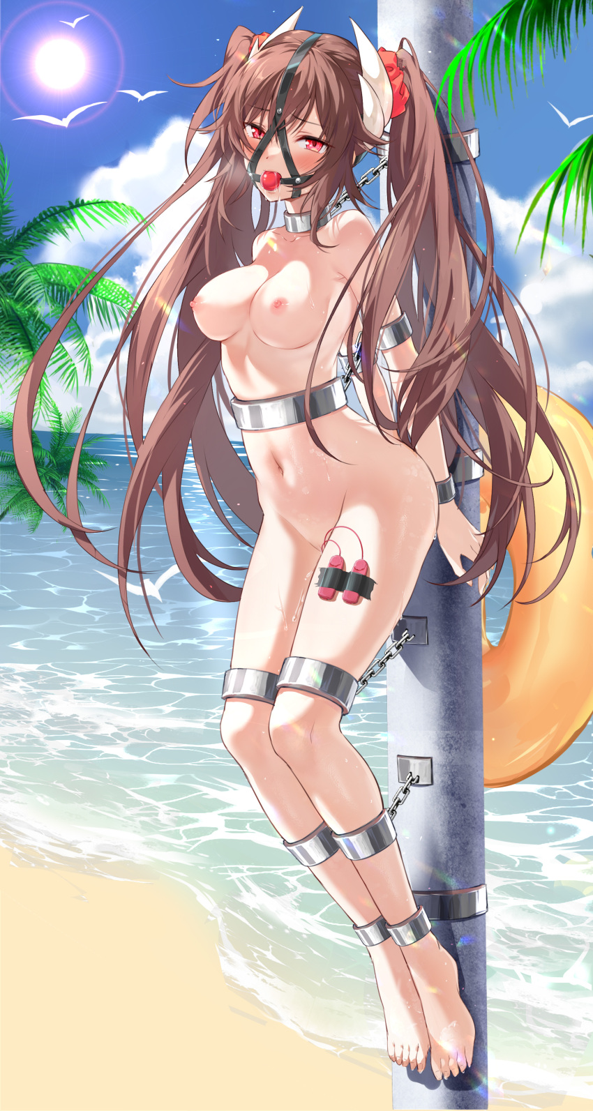 1girl absurdres arms_behind_back azur_lane bare_shoulders barefoot bdsm beach bird blue_sky blush bondage bound breasts brown_hair chain chained cloud cloudy_sky collarbone commentary completely_nude cuffs day devil_heavens drooling feet full_body furrowed_brow gag hair_between_eyes hair_ornament hair_scrunchie haruna_(azur_lane) highres horns immobilization innertube legs_together lens_flare long_hair looking_at_viewer medium_breasts navel nipples nude ocean open_mouth outdoors palm_leaf palm_tree pole pussy red_eyes red_scrunchie restrained ring_gag saliva scrunchie sex_toy shackles shadow sidelocks sky solo stationary_restraints stomach sun sweat tape teeth tongue tongue_out tree twintails upper_teeth_only vibrator water