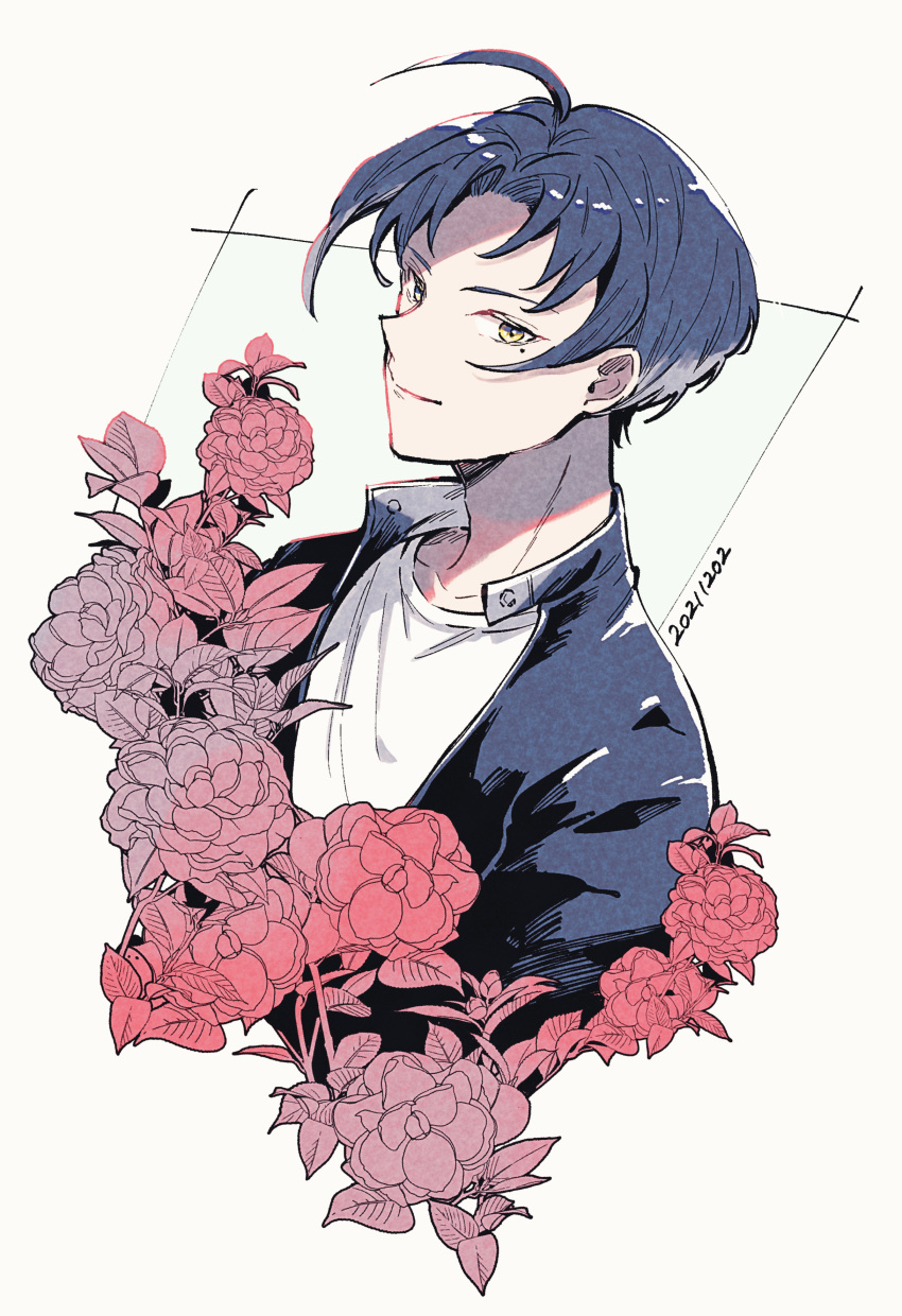 1boy absurdres ahoge blue_hair blue_jacket closed_mouth cropped_torso dated flower from_side habataki_academy_school_uniform highres hiiragi_yanosuke jacket liio_oiil looking_at_viewer male_focus mole mole_under_eye parted_bangs red_flower school_uniform shirt short_hair smile solo t-shirt tokimeki_memorial tokimeki_memorial_girl's_side_4th_heart upper_body white_background white_shirt yellow_eyes