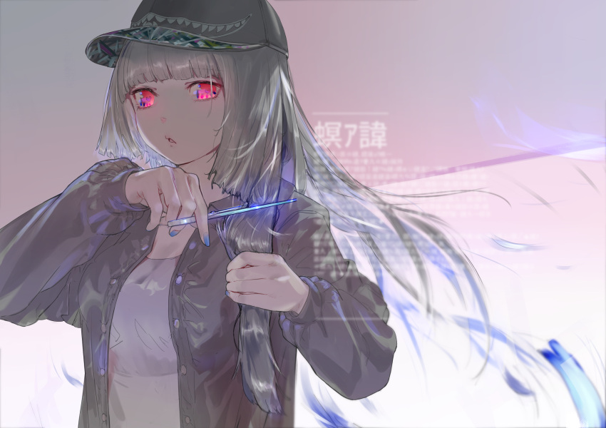 1girl baseball_cap black_headwear black_shirt blue_nails blunt_bangs blush collared_shirt cutting_hair cutting_own_hair floating_hair grey_hair hat heart heart-shaped_pupils highres holding holding_scissors long_hair long_sleeves looking_at_viewer nail_polish nik_ibi open_clothes open_shirt original parted_lips red_eyes scissors shirt sidelocks solo straight_hair symbol-shaped_pupils upper_body white_shirt