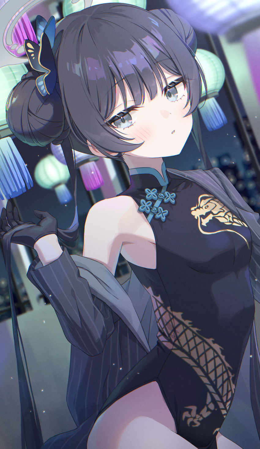 1girl absurdres black_dress black_gloves black_hair blue_archive blush butterfly_hair_ornament china_dress chinese_clothes coat double_bun dragon_print dress gloves grey_coat grey_eyes hair_bun hair_ornament highres kisaki_(blue_archive) long_hair long_sleeves momomoi_momoi open_clothes open_coat parted_lips sleeveless sleeveless_dress solo striped striped_coat twintails vertical-striped_coat vertical_stripes