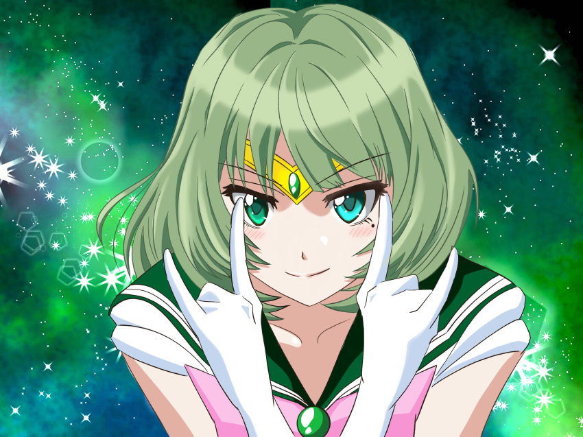 1girl bishoujo_senshi_sailor_moon blue_eyes bow closed_mouth collarbone cosplay elbow_gloves gloves green_background green_eyes green_hair green_sailor_collar heterochromia highres hoshii_mikage idolmaster idolmaster_cinderella_girls idolmaster_cinderella_girls_starlight_stage looking_at_viewer magical_girl mole mole_under_eye pink_bow sailor_collar sailor_jupiter sailor_jupiter_(cosplay) sailor_senshi_uniform shirt short_hair smile solo sparkle takagaki_kaede tiara upper_body v-shaped_eyebrows white_gloves white_shirt