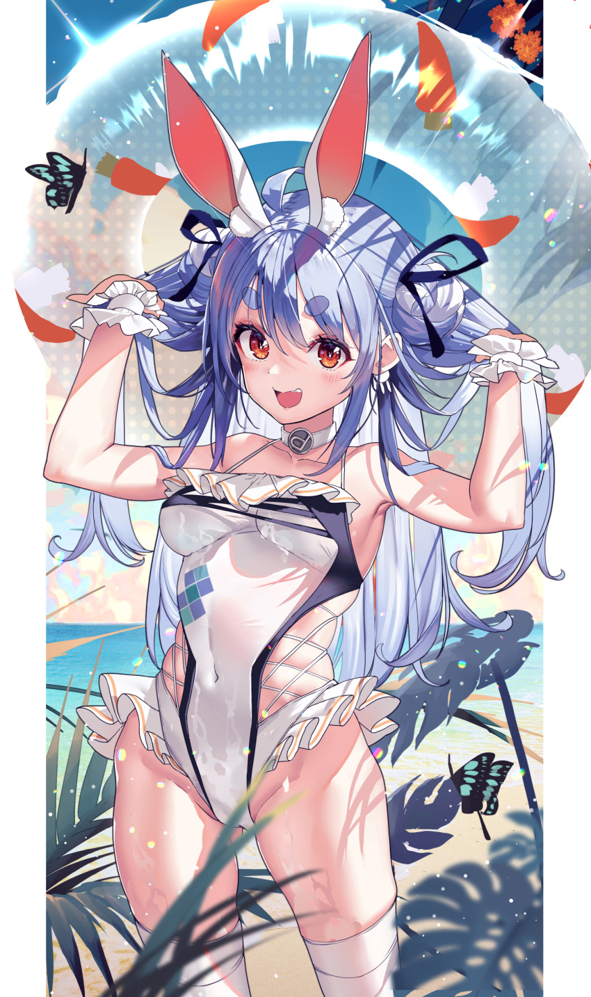 1girl :d animal_ear_fluff animal_ears armpits bare_shoulders blue_hair blush breasts choker collarbone commentary_request covered_navel cowboy_shot day hair_between_eyes hair_ornament haruhina_purple highleg highres hololive leotard long_hair looking_at_viewer medium_breasts multicolored_hair one-piece_swimsuit open_mouth outdoors rabbit_ears rabbit_girl red_eyes ribbon short_eyebrows sidelocks skindentation sky small_breasts smile solo standing swimsuit thick_eyebrows twintails usada_pekora very_long_hair virtual_youtuber white_choker white_hair