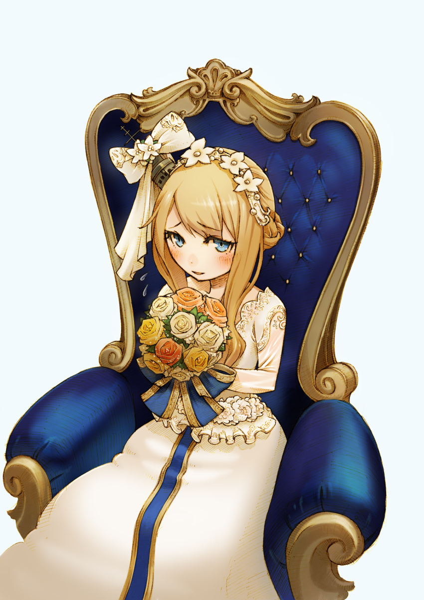 1girl alternate_costume azur_lane blonde_hair blue_eyes bouquet dress dress_flower flower hands_up highres holding holding_bouquet iketa_keiki long_sleeves looking_at_viewer medium_hair orange_flower parted_lips renown_(azur_lane) sidelocks simple_background sitting smile solo swept_bangs throne wedding_dress white_background white_dress white_flower yellow_flower