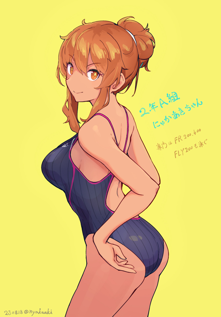 ass blue_one-piece_swimsuit competition_swimsuit cowboy_shot dark-skinned_female dark_skin from_behind from_below hair_bun highres long_hair looking_at_viewer nakaaki_masashi one-piece_swimsuit orange_eyes orange_hair original sidelocks standing swimsuit tan translation_request v-shaped_eyebrows yellow_background