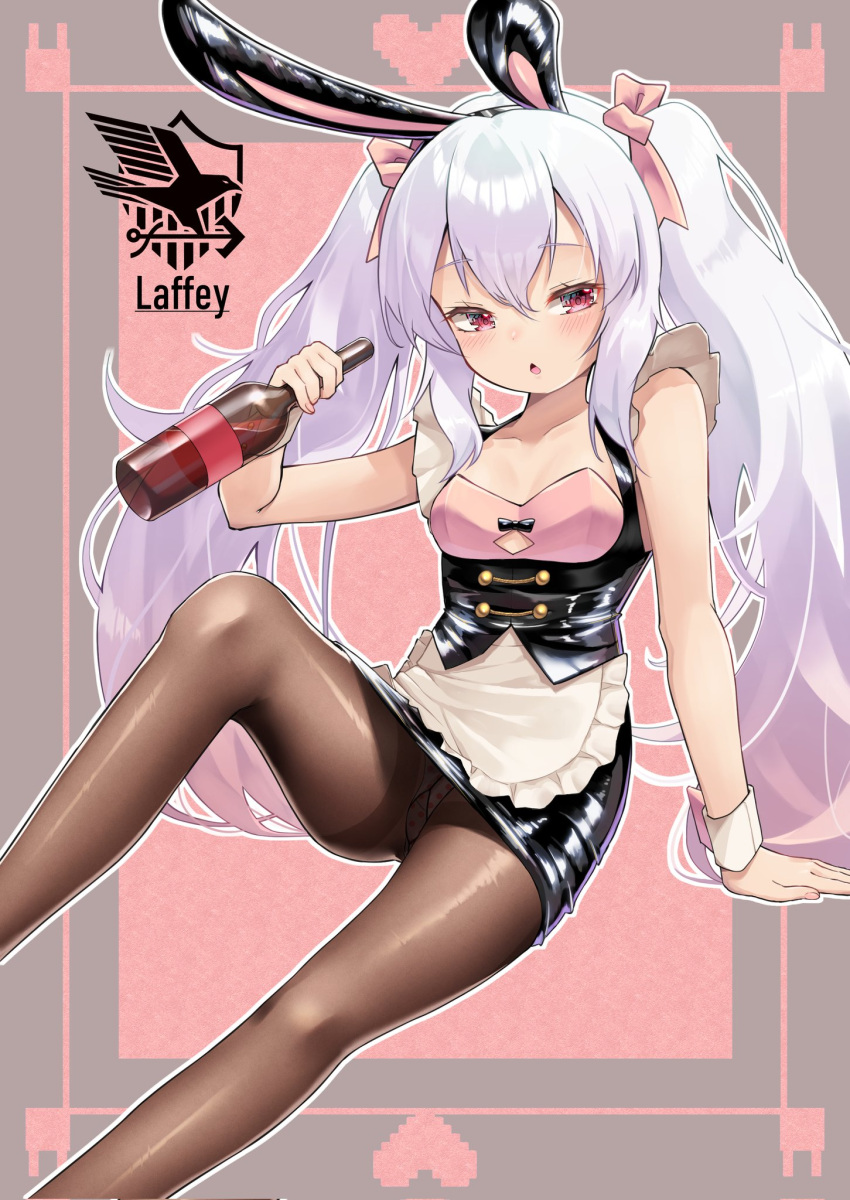 1girl alcohol alternate_costume animal_ears apron azur_lane black_pantyhose blush bottle breasts character_name eagle_union_(emblem) enmaided fake_animal_ears framed_breasts frills hair_between_eyes hair_ribbon hand_rest hand_up heart highres holding holding_bottle knee_up laffey_(azur_lane) long_hair maid marimo_daifuku panties panties_under_pantyhose pantyhose pink_ribbon polka_dot polka_dot_panties rabbit_ears red_eyes red_wine ribbon sitting small_breasts solo underwear very_long_hair white_apron white_hair wine wine_bottle wrist_cuffs