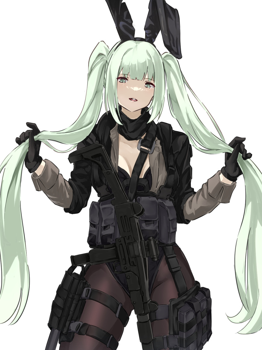 1girl ammunition_belt ammunition_pouch black_gloves breasts cleavage cowboy_shot girls'_frontline gloves green_eyes green_hair gun highres holding_own_hair imi_uzi long_hair looking_at_viewer micro_uzi_(girls'_frontline) mutugorou_u open_mouth pantyhose playboy_bunny pouch sidelocks solo submachine_gun tactical_playboy_bunny thigh_strap twintails very_long_hair weapon